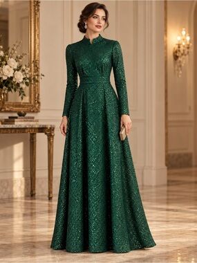 Emerald Green Sequin Lace Maxi Dress Long Sleeve Formal Gown Approx 6